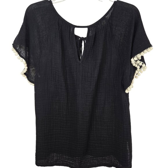 Womens S Black Boho Keyhole Tie Front Top Hippy Cottagecore Whimsigoth Casual - Picture 3 of 8